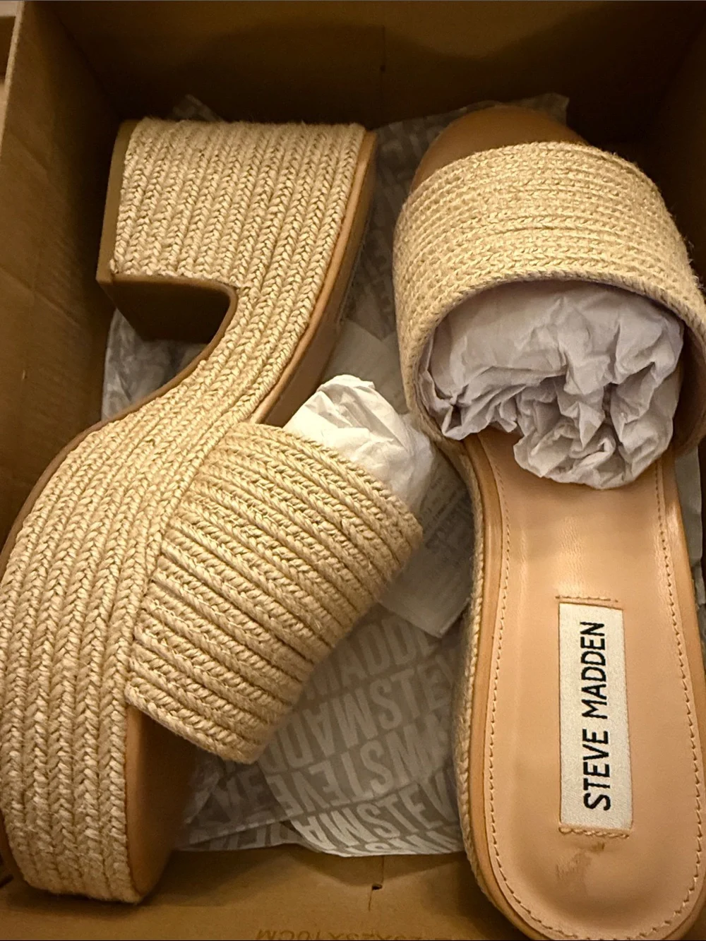 Steve Madden Beige Woven Platform Slide Sandals